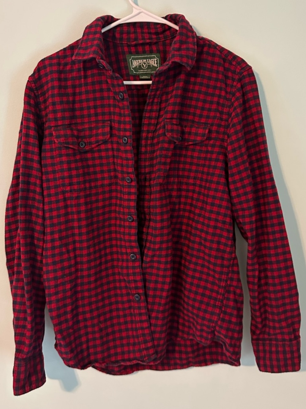 American Eagle Outfitters Red and Navy Plaid Flannel Shirt